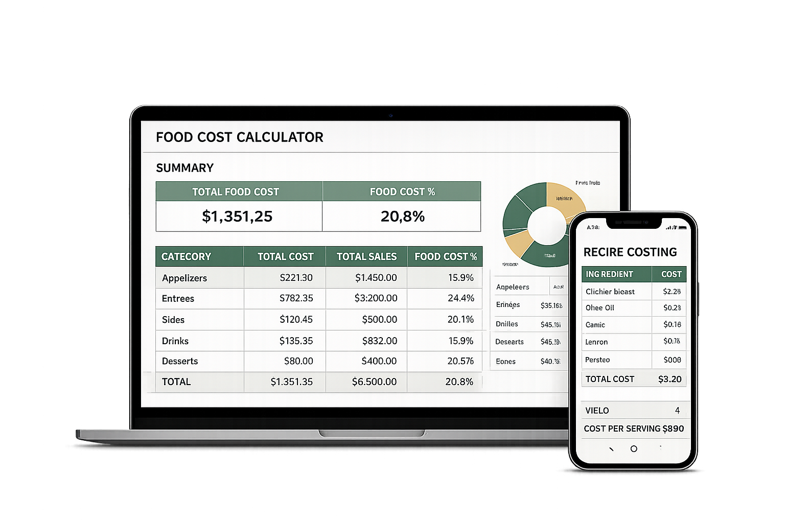 Food cost calculator and recipe costing spreadsheet shown on laptop and phone