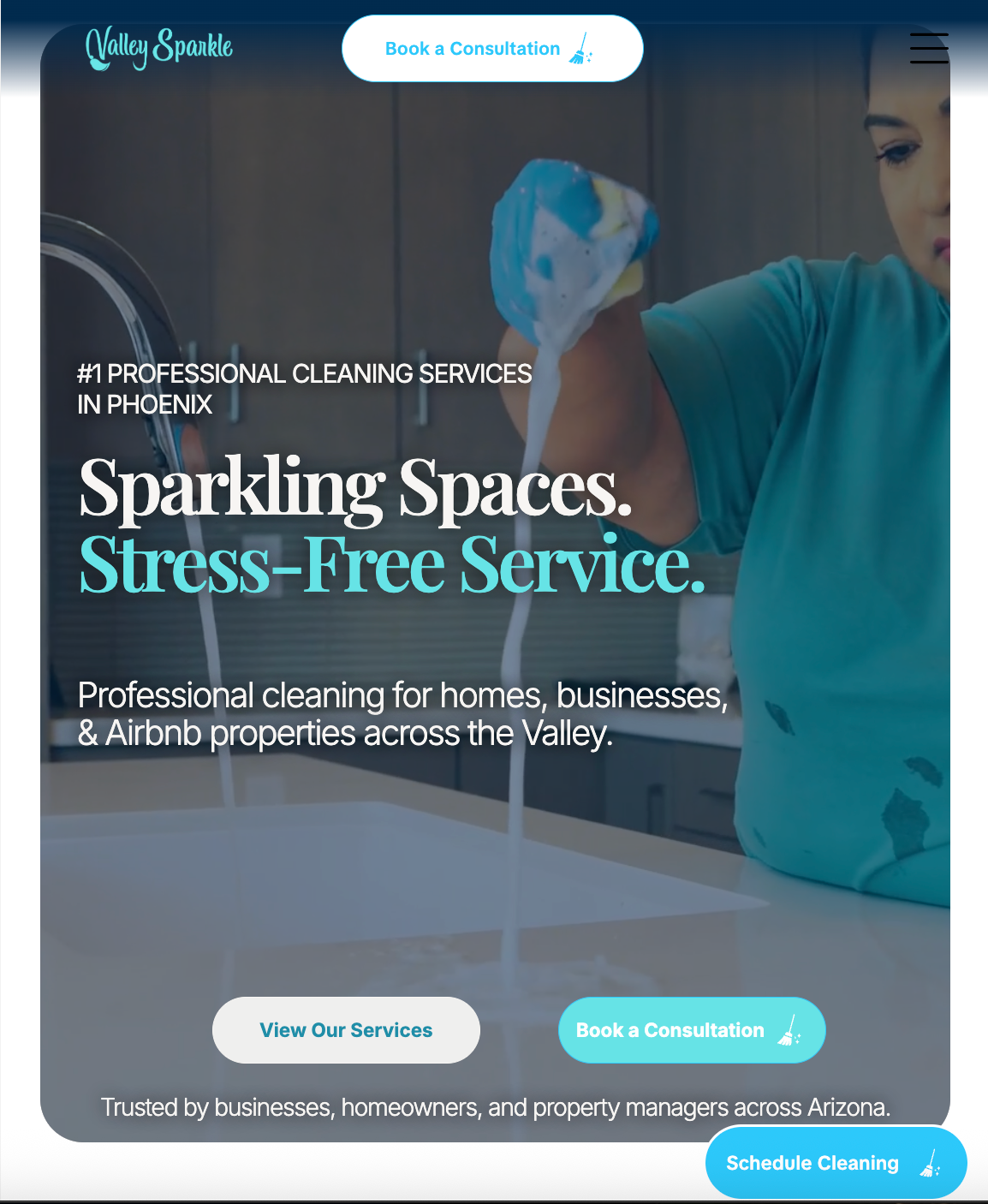 Website homepage for Valley Sparkle cleaning services, with cleaner wiping a surface and service buttons.