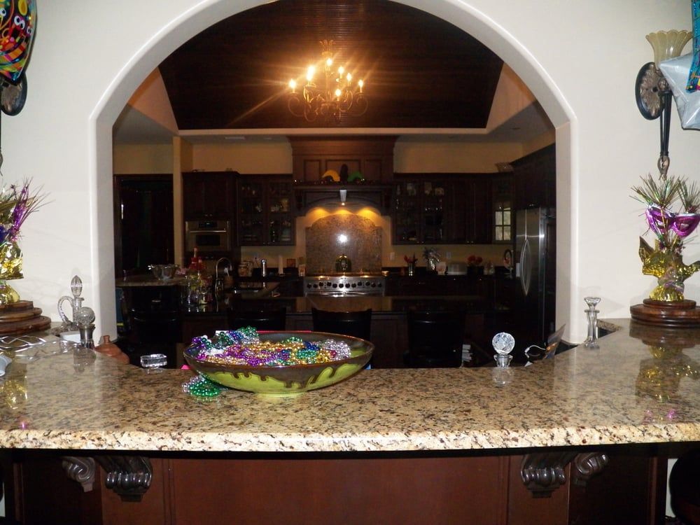 A kitchen with a bowl of candy on the counter