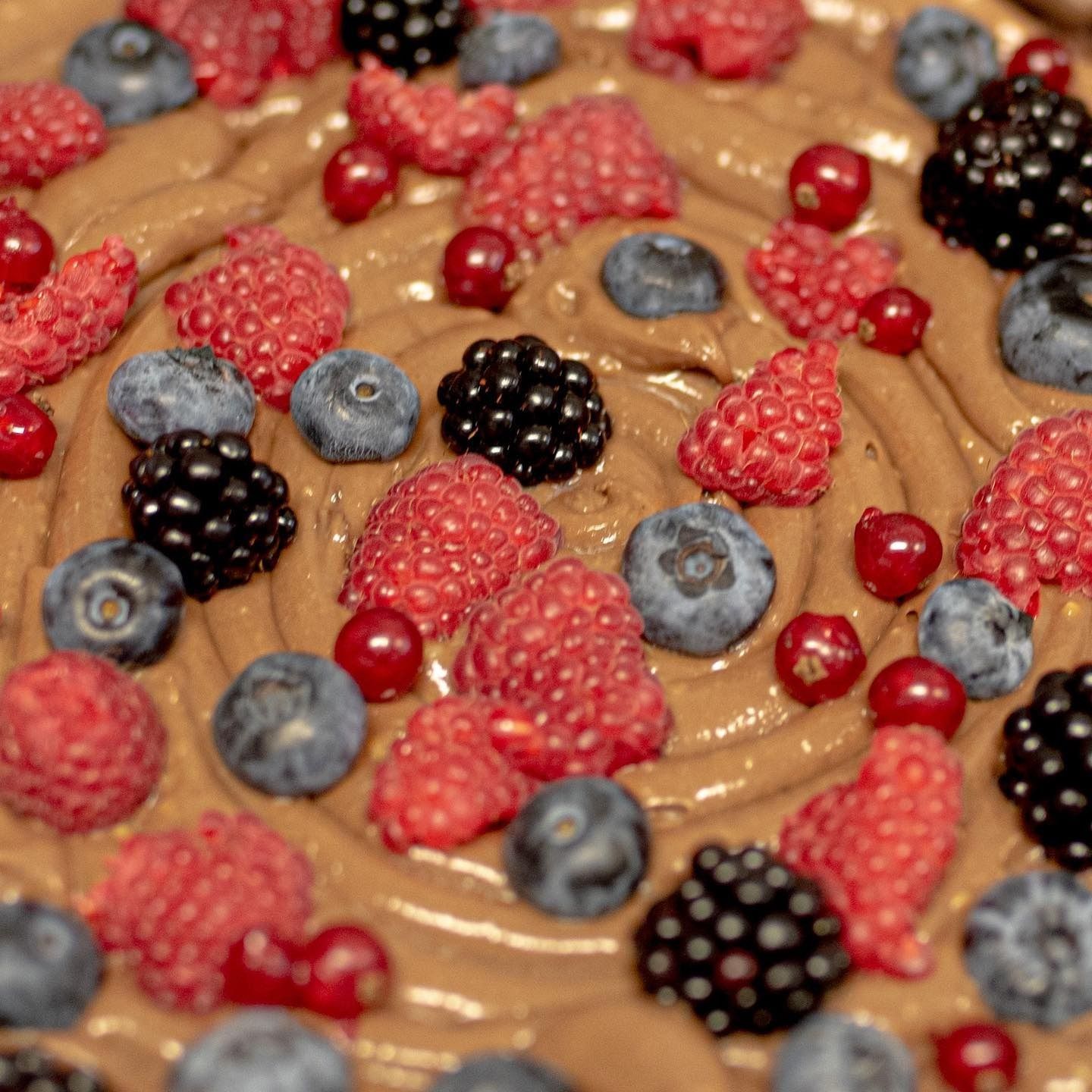 Primo piano di una torta decorata con una spirale di cioccolato e frutti di bosco freschi, tra cui lamponi, mirtilli, more e ribes rossi.