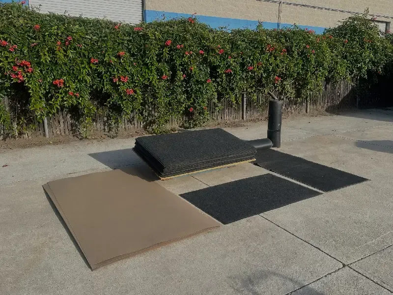 Several exercise mats and a black cylindrical object rest on a concrete patio in front of greenery.