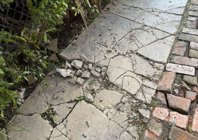 Cracked concrete walkway next to a brick path and green plants. Broken pieces and visible cracks.