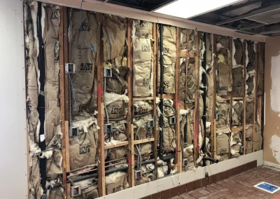 Exposed interior wall showing wooden frame, insulation, electrical wiring, and a portion of a ceiling.