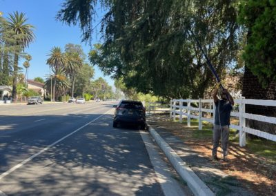 Person with boom microphone near a parked car and road with palm trees.