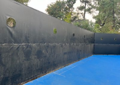 Blue court enclosed by black walls with circular openings, viewed from inside.