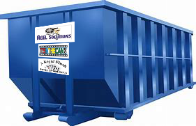 Blue rectangular dumpster with company logo.