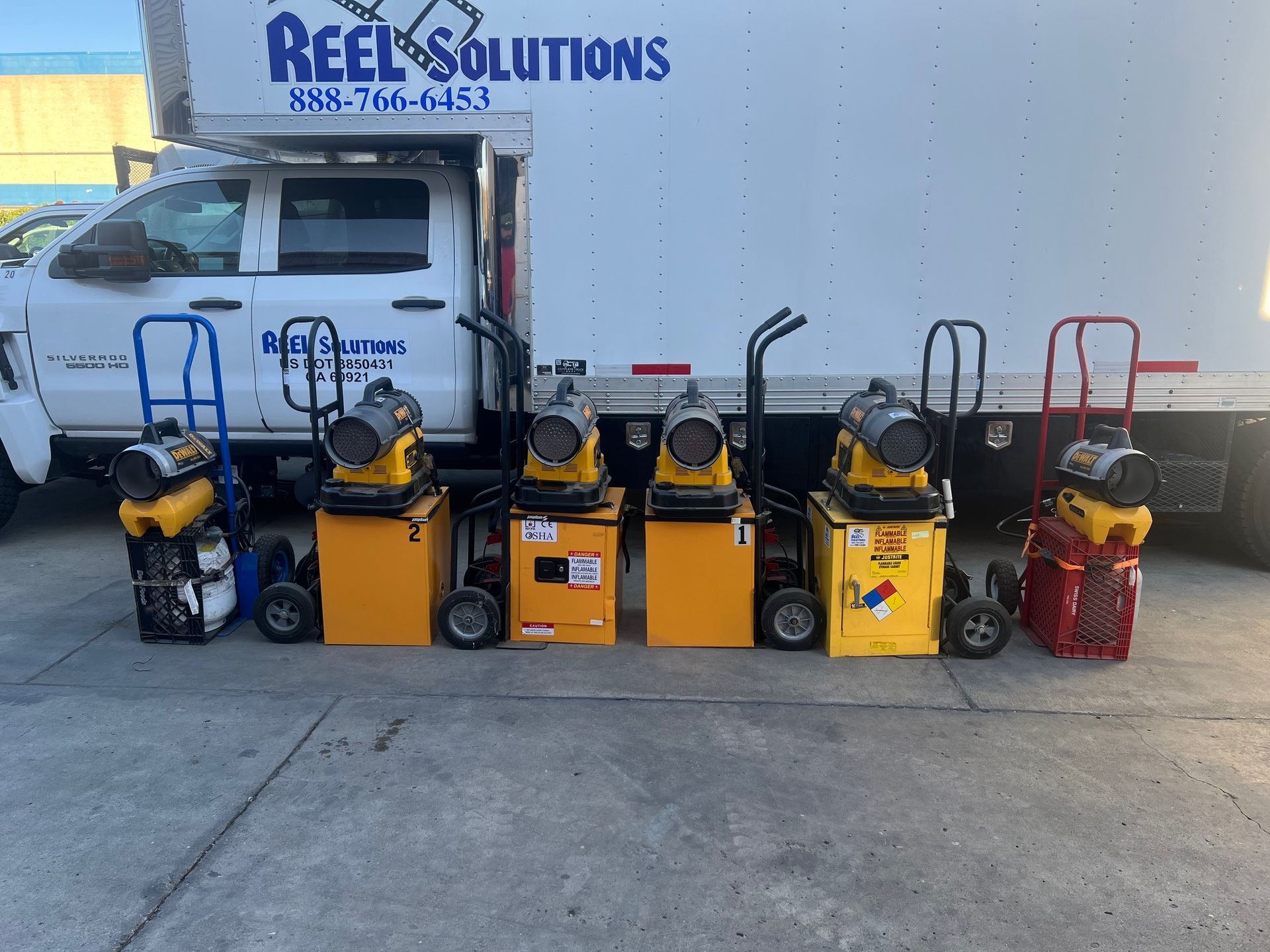 Truck with heating equipment lined up, ready for use.