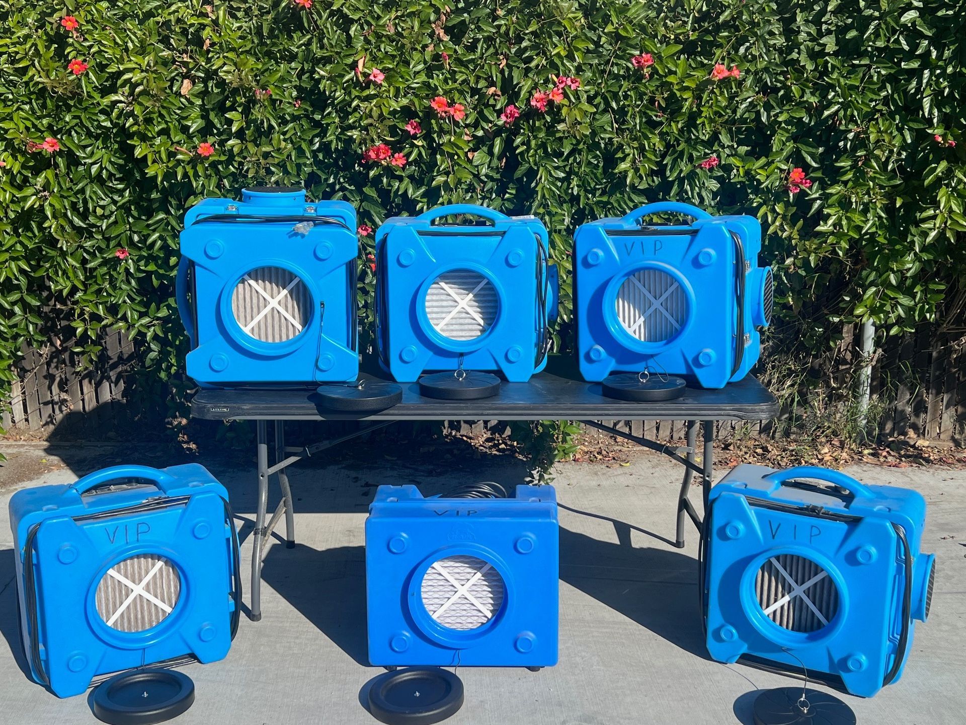 Six blue air purifiers on a table in front of greenery. Each has a filter visible and a handle.