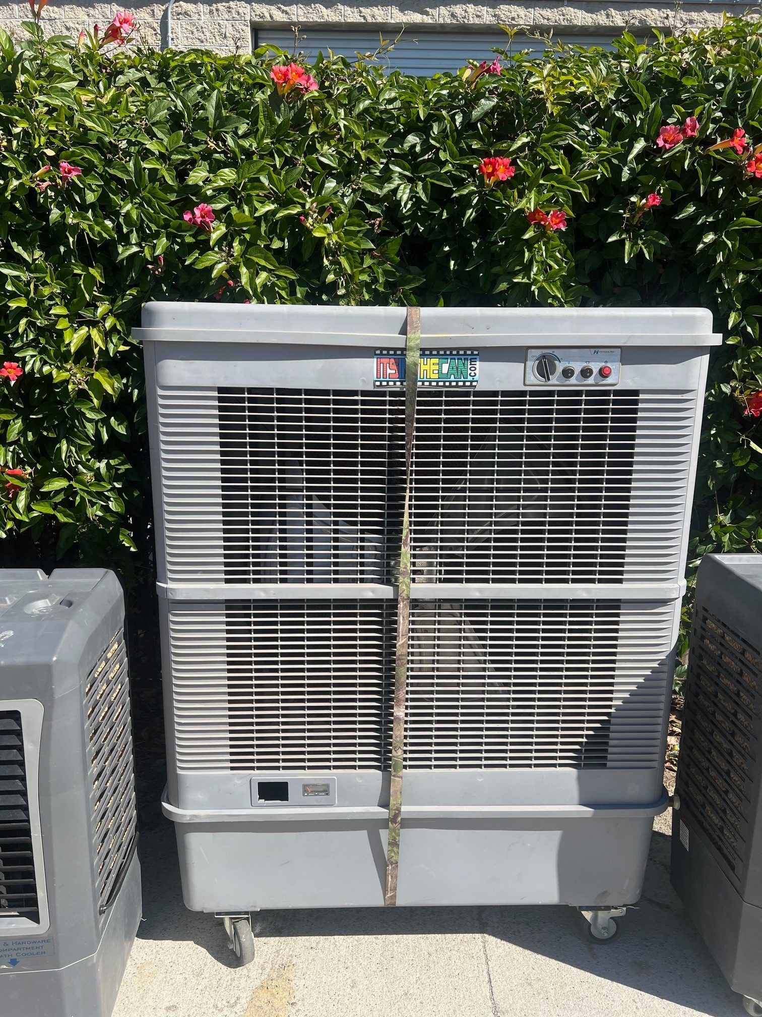 Gray evaporative cooler with wheels, control panel, and hose, in front of greenery.