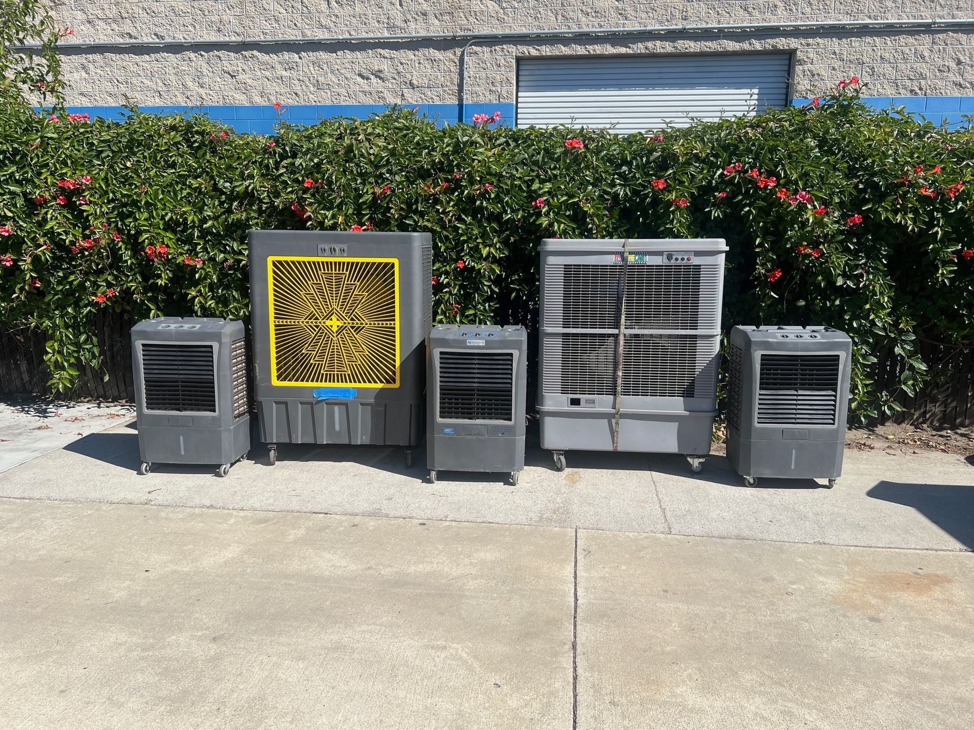 Five portable swamp coolers of varying sizes lined up in front of a hedge and industrial building.