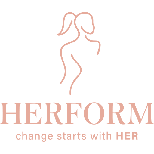 Logo for HERFORM: a light pink outline of a woman, above the word HERFORM, and the tagline 