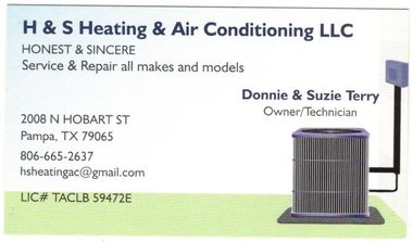 A business card for h & s heating and air conditioning llc