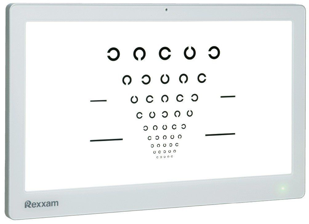 Eine digitale Sehtafel auf weißem Bildschirm mit Reihen von Landolt-C-Ringen zur Prüfung der Sehschärfe.
