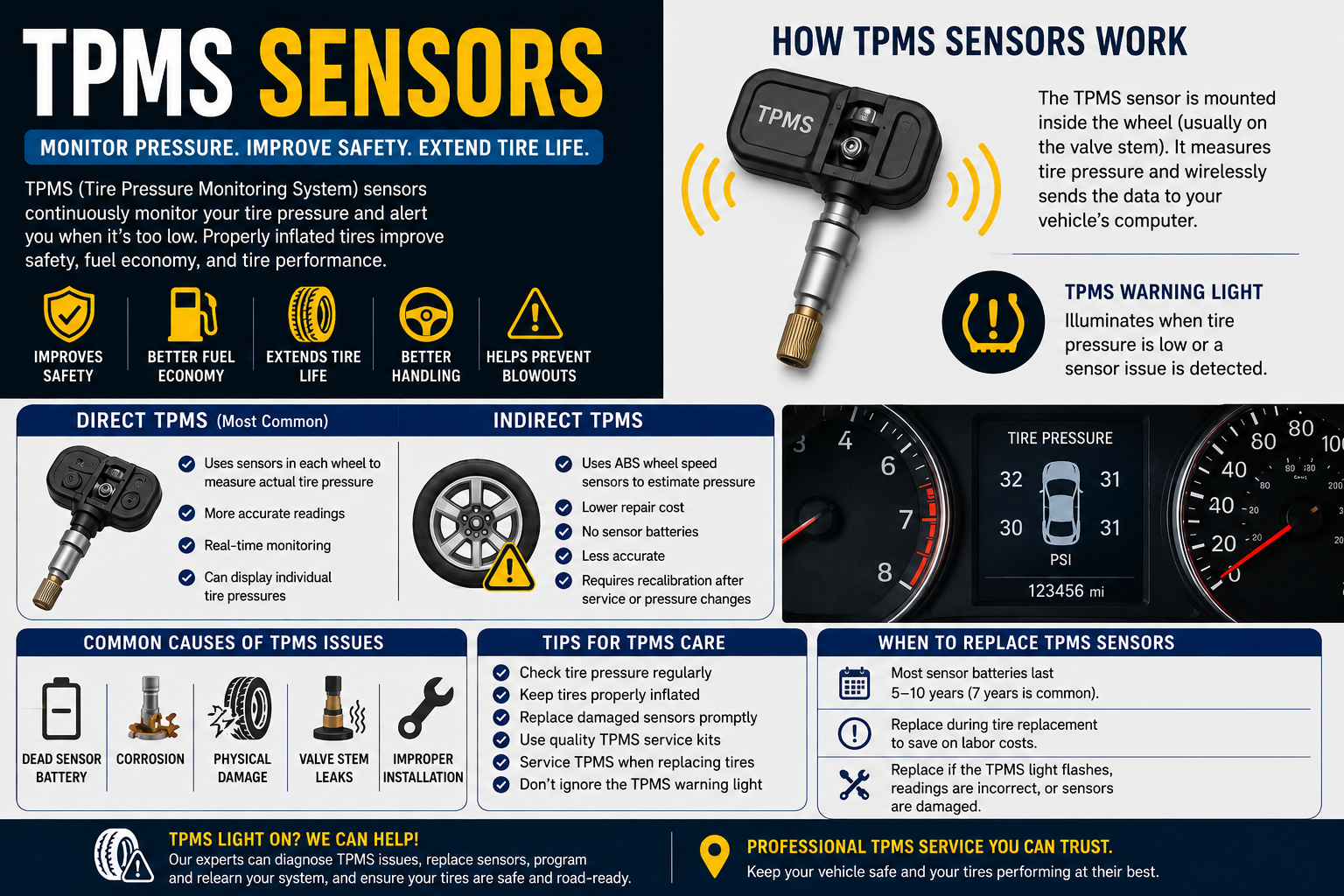 TPMS sensor infographic showing tire pressure monitoring and warning light info