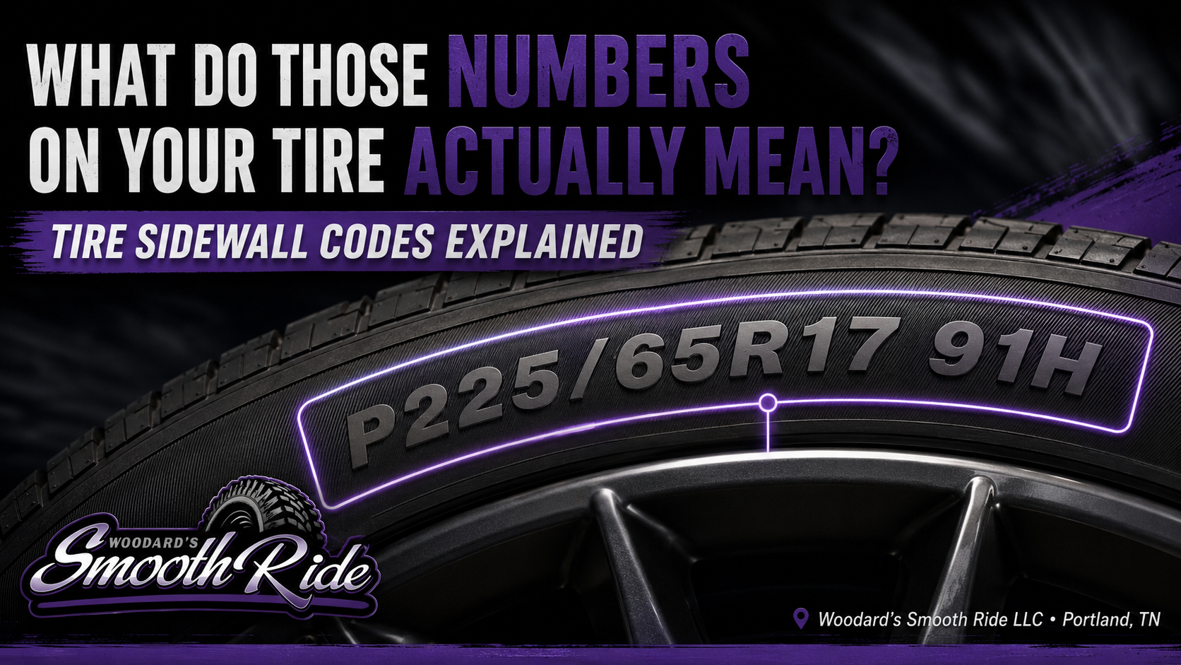 Tire sidewall code P225/65R17 91H explained by Woodard’s Smooth Ride in Portland, TN