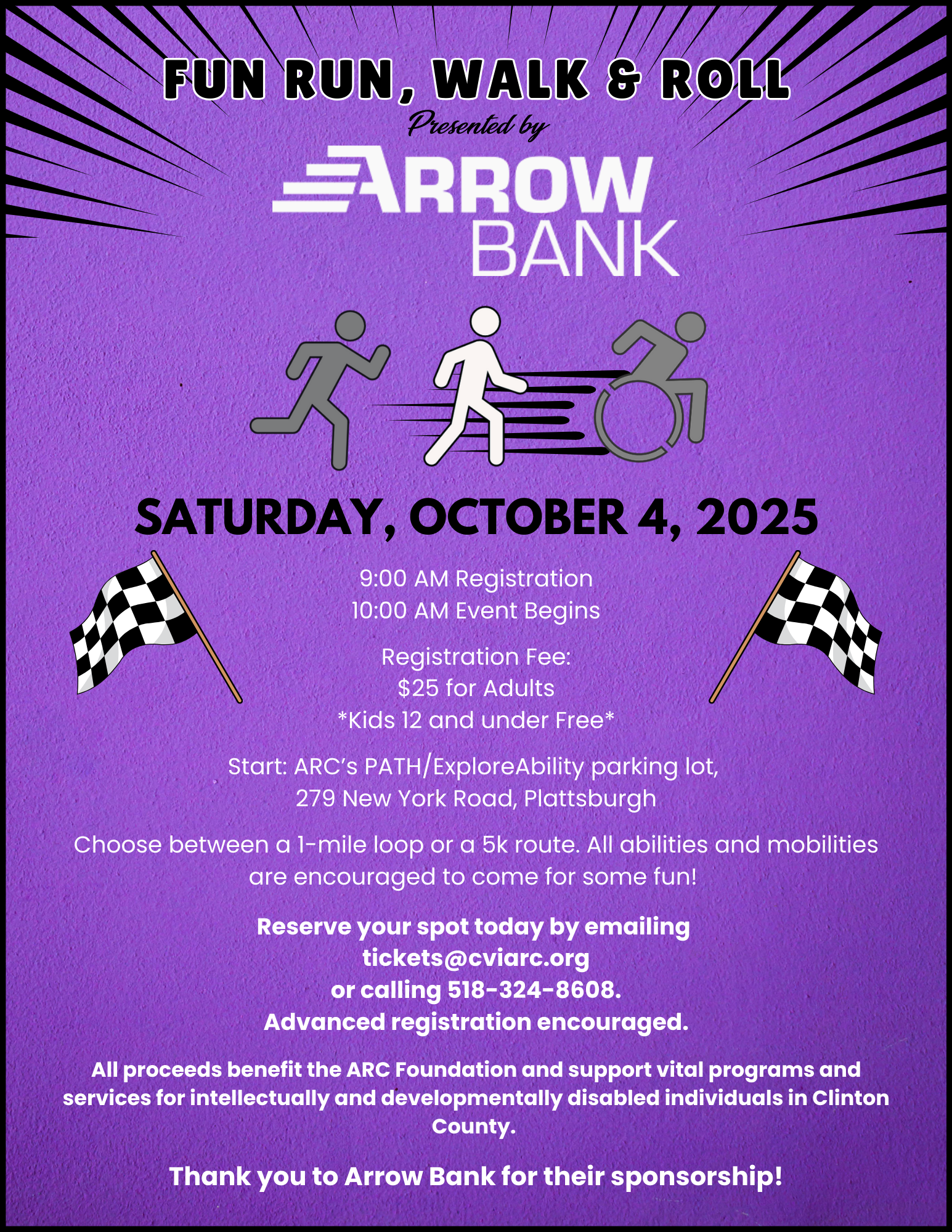 A poster for a fun run walk and roll sponsored by arrow bank