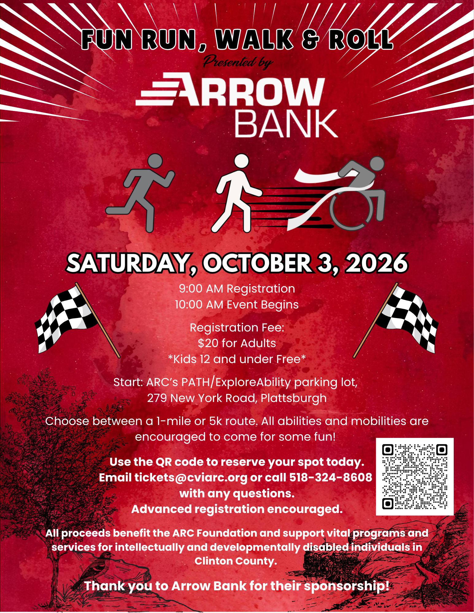 A poster for a fun run walk and roll sponsored by arrow bank
