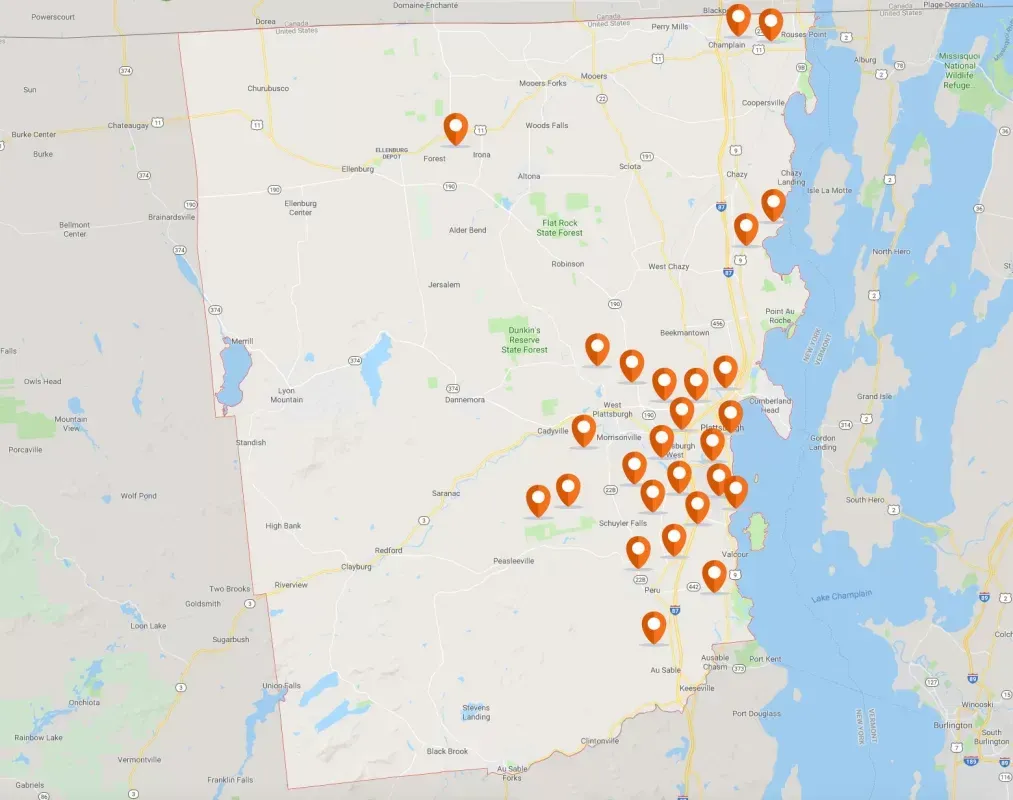 A map of clinton county with orange dots on it showing locations of residential services.