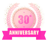 A pink 30th anniversary logo with a laurel wreath