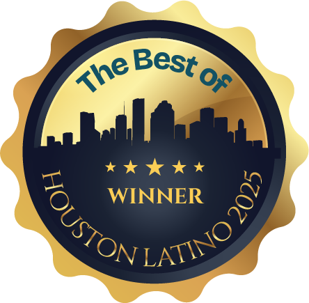 Gold and blue "Best of Houston Latino 2025" award, skyline graphic, and winner text.