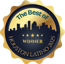 Gold and blue "Best of Houston Latino 2025" award, skyline graphic, and winner text.