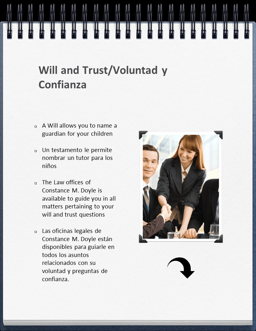 will and trust notepad with a woman shaking hands during a business meeting