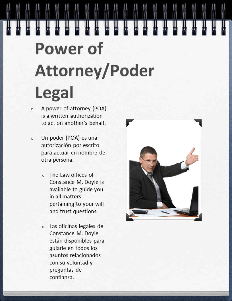 power of attorney notepad with a man at his work desk gesturing forward