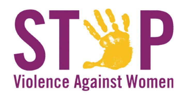 Stop violence against women, with a handprint instead of an O