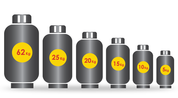 illustrazione di bombole gas in fila dalla più grande alla più piccola con specifica del peso