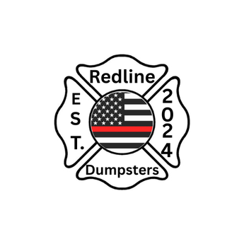 Logo for Redline Dumpsters featuring an American flag with a red line, inside a Maltese cross, and the text