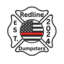 Logo for Redline Dumpsters: A black and white Maltese cross with an American flag in the center and a red line through it. 