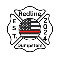 Logo for Redline Dumpsters: A black and white Maltese cross with an American flag in the center and a red line through it. 