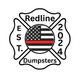 Logo for Redline Dumpsters: A black and white Maltese cross with an American flag in the center and a red line through it. 