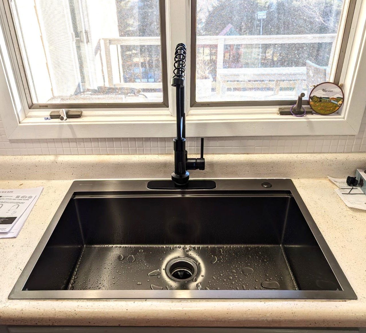 A Kitchen Sink with A Black Faucet and A Window in The Background.
