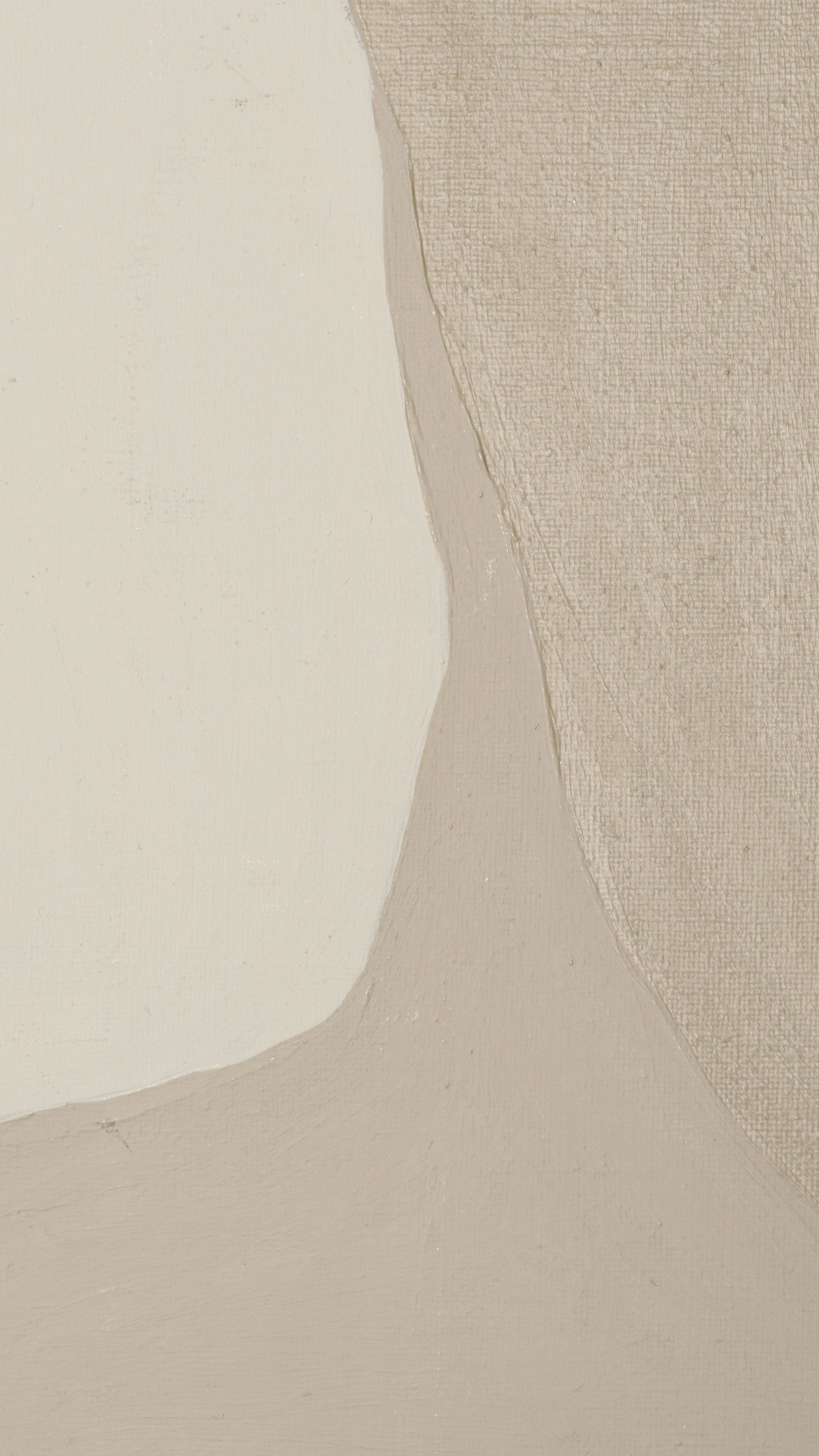 Abstract art with beige, off-white, and textured tan shapes overlapping vertically.