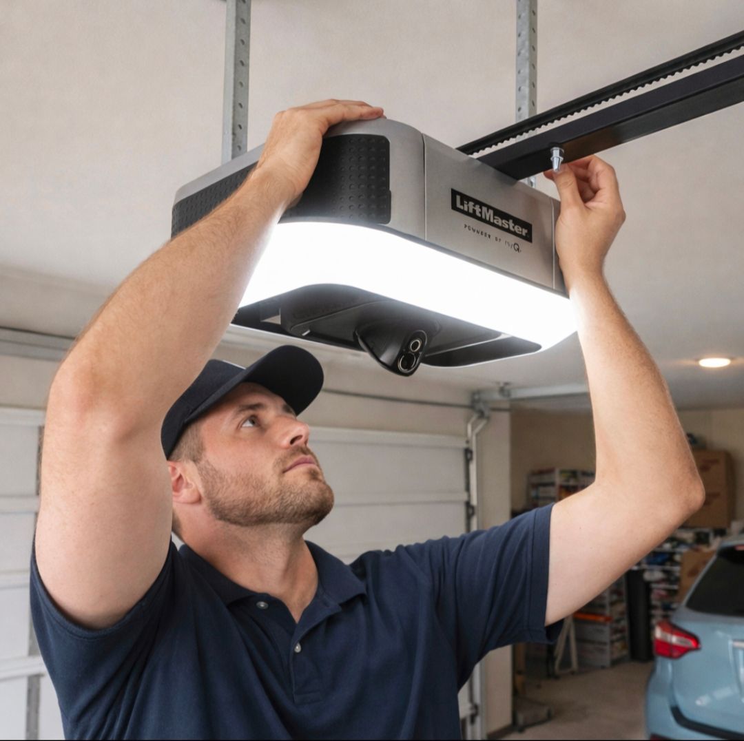 Man installs a garage door opener in a garage.