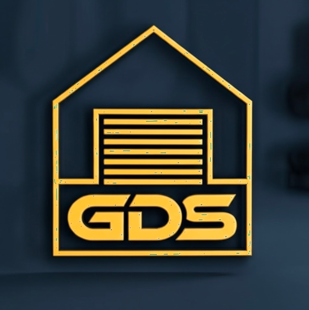 Yellow logo of "GDS" within a house outline featuring a garage door on a blue-gray background.