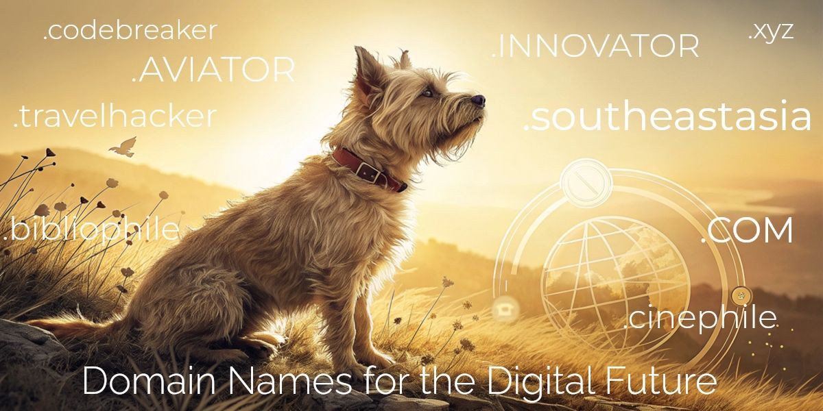 A dog sits on a hilltop with digital domain names in the background; a globe icon.