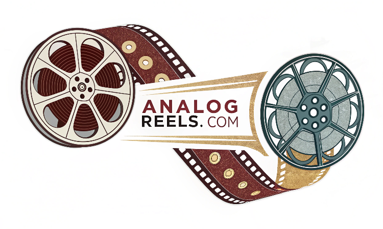Two film reels connected by film strip; "ANALOG REELS.COM" text in between.