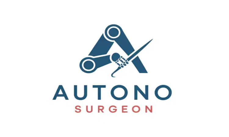 Logo with a stylized blue "A" incorporating robotic arm holding surgical scissors; "AUTONO SURGEON" text below.