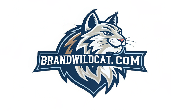 Wildcat mascot with website address; blue and white logo for BrandWildcat