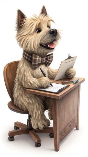Cartoon dog with a bow tie sits at a desk, writing on a clipboard, smiling.