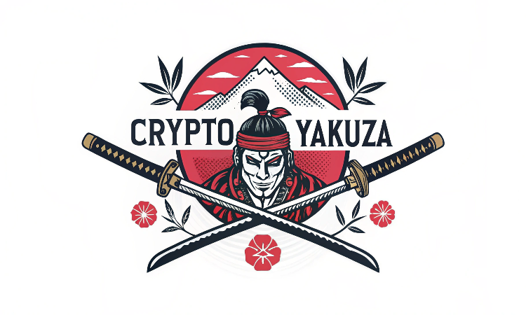 Logo: Samurai head, crossed katanas, "Crypto Yakuza" text, red circle, mountain background.
