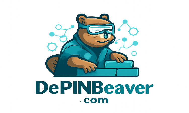 Beaver in a lab coat wearing goggles building blocks, logo for DePINBeaver.com