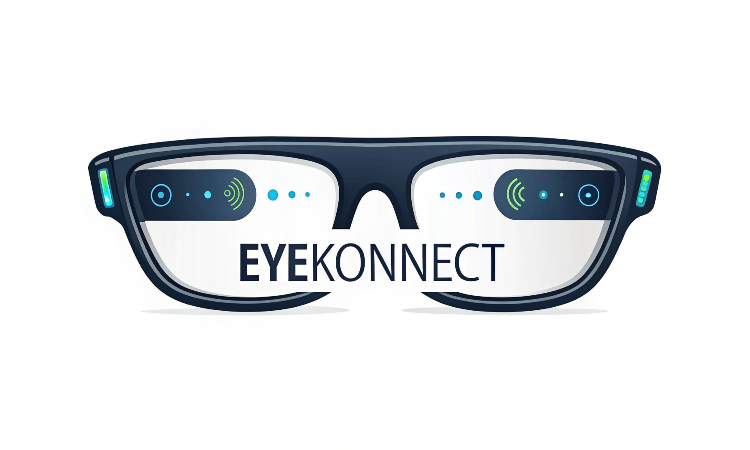 Eyeglasses with "EYEKONNECT" text, showcasing smart tech with blue accents.