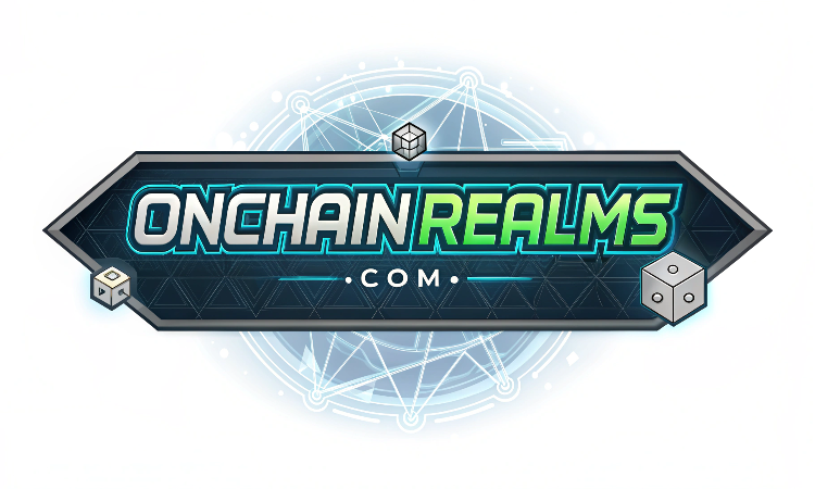 Logo for OnChain Realms, featuring text in a dark blue and green hexagon with dice accents.
