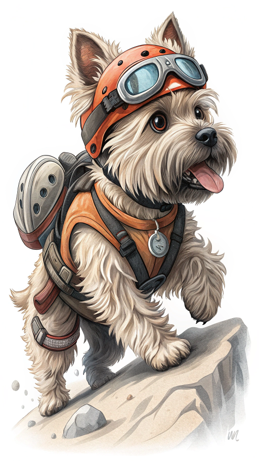 A terrier dog wearing a helmet, goggles, and backpack, climbing a rocky incline, tongue out.