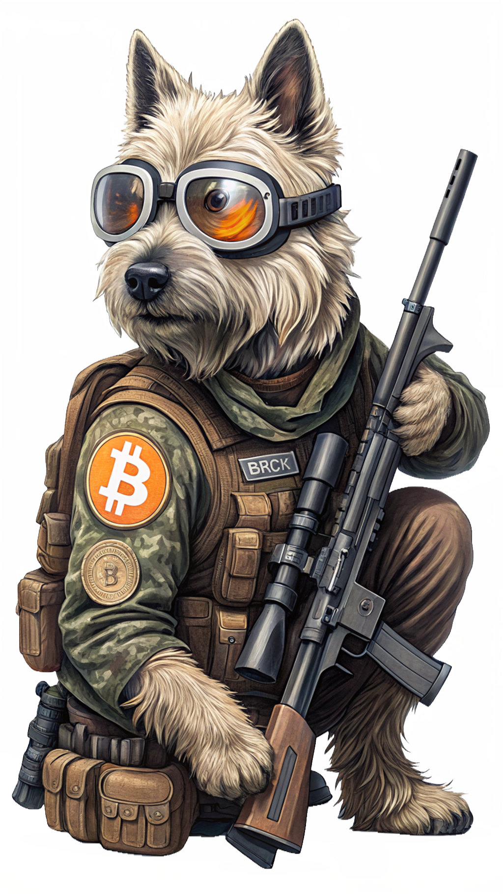 Dog wearing goggles and military gear, holding a rifle, with a Bitcoin patch on his vest.