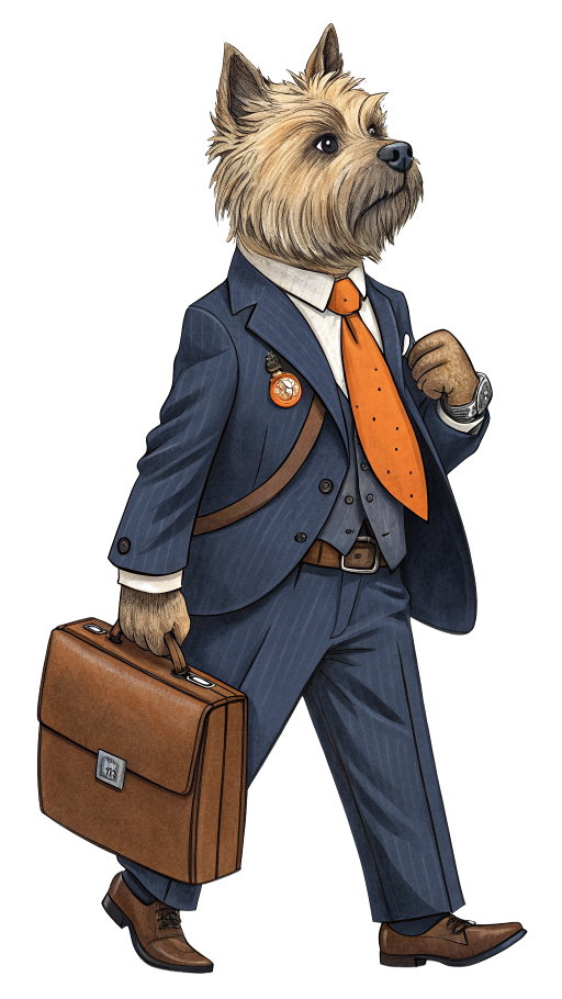 Terrier wearing suit, carrying briefcase, walking, looking up.