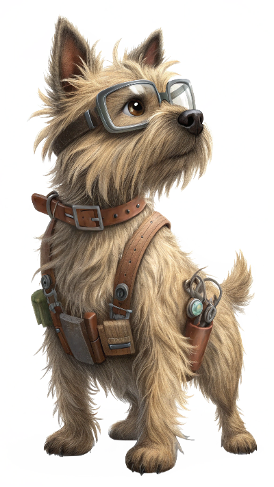 Terrier dog in technician outfit, with goggles and tool belt.